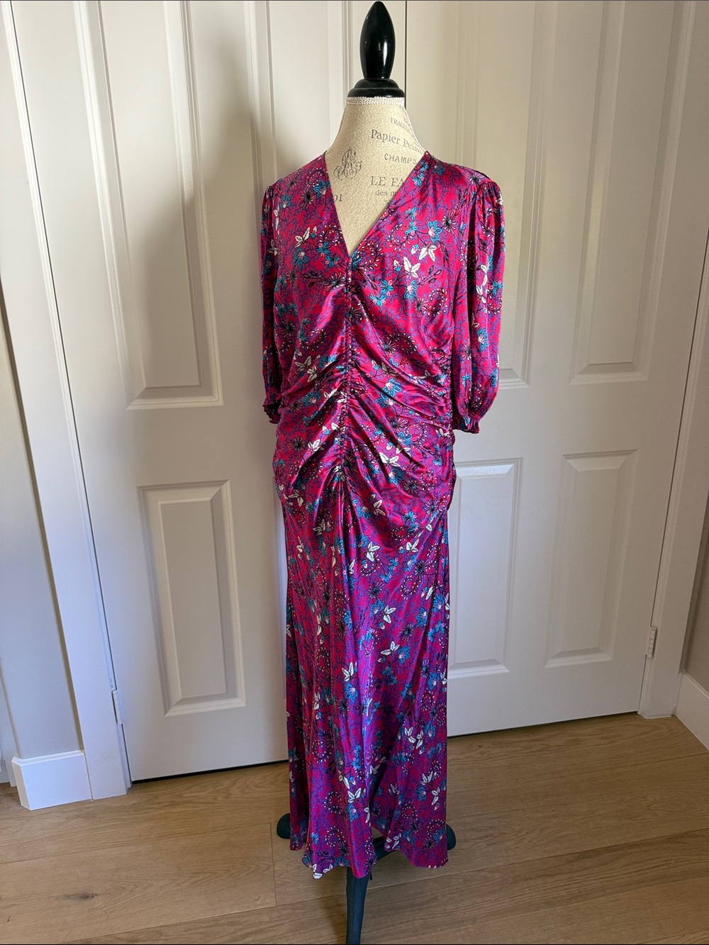 ME+EM Magenta Floral Ruched V-Neck Maxi Dress